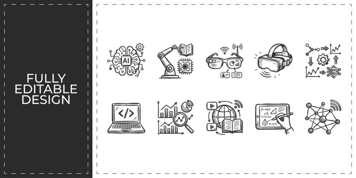 Artificial intelligence and robotics icons featuring microchips and digital brains for future technology innovation and modern computing science design