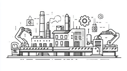Fototapeta premium Factory and Manufacturing Icon Set | Industrial Plant, Production Line, Machinery and Automation Vector Collection