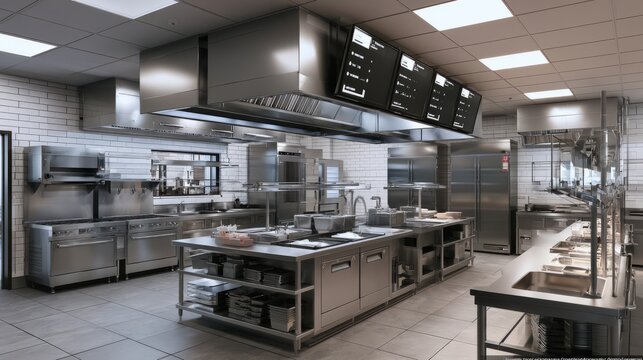 Modern Commercial Kitchen with Stainless Steel Equipment and Automated Order Screens