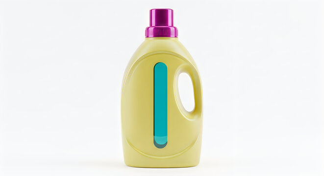 Yellow laundry detergent liquid bottle with purple cap on white background detergent household
