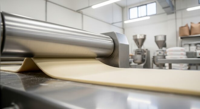 Industrial dough roller flattening dough on a pasta production line in a bright, clean food manufacturing workshop.