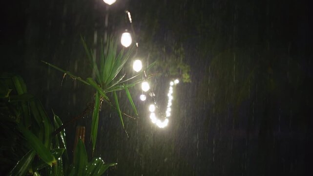 Heavy rain pours down on lush tropical foliage illuminated by warm glowing string lights in a dark garden setting. Raindrops cascade through the night air creating a serene atmospheric mood.