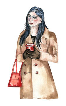 Watercolor illustration of a woman in a brown coat holding a cut of coffee. Hand-drawn autumn and winter sketch of the casual urban lifestyle, isolated on transparent