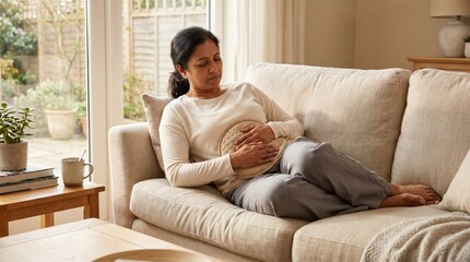 Fototapeta premium Chronic Gut Discomfort Woman Home Morning Lifestyle