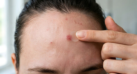 Fototapeta premium Close-up of a person applying an acne patch on forehead pimple.