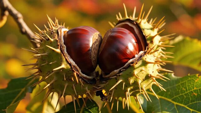 Ripe chestnuts resting in open spiky burr on autumn branch for nature and seasonal content