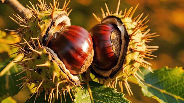 Ripe chestnuts resting in open spiky burr on autumn branch for nature and seasonal content