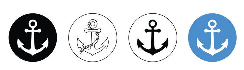 Four nautical anchors in circular badges on blue and black backgrounds minimalist design © MOHAMMADSHARIFUL
