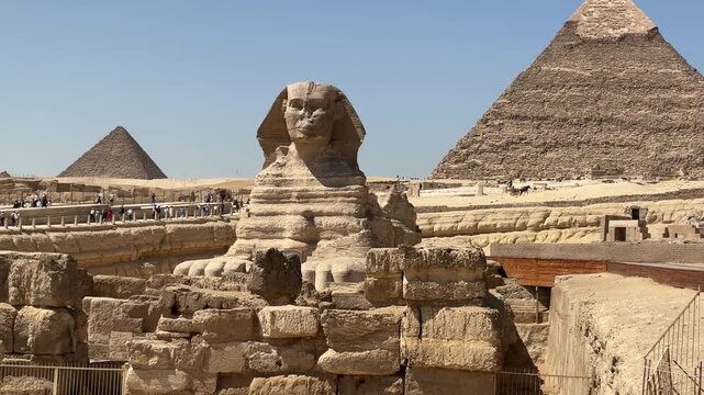 The Great Sphinx of Giza is a sphinx statue located in the Giza pyramids area in Cairo, the capital of Egypt. 