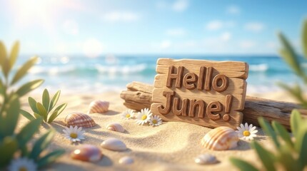 Hello June wooden sign on sandy beach with seashells and daisies.
