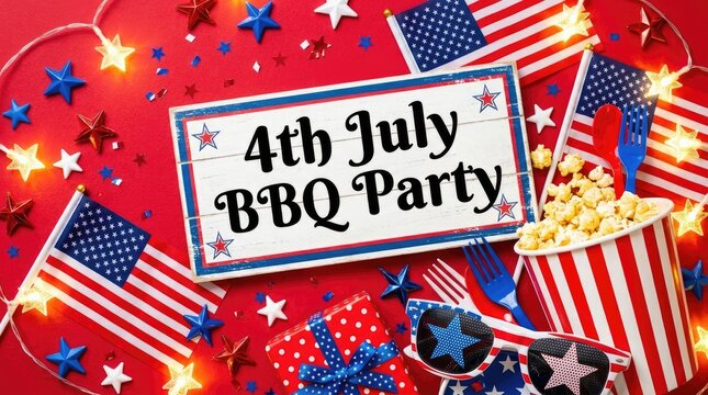 Fourth of july bbq party sign decorated with mini american flags popcorn and sunglasses on red background.
