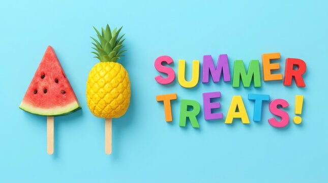 Summer treats colorful 3d text with fresh fruit ice cream popsicles on blue background.