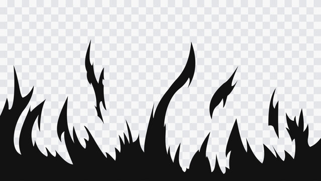 Abstract black flame border isolated on transparent background. Dynamic anime style fire effect with sharp burning shapes, rising energy waves, and dramatic motion design.