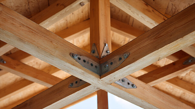 Sturdy Wooden Roof Beam Construction Detail with Metal Fasteners and Raw Timberwork, Showcasing Strength and Architectural Design