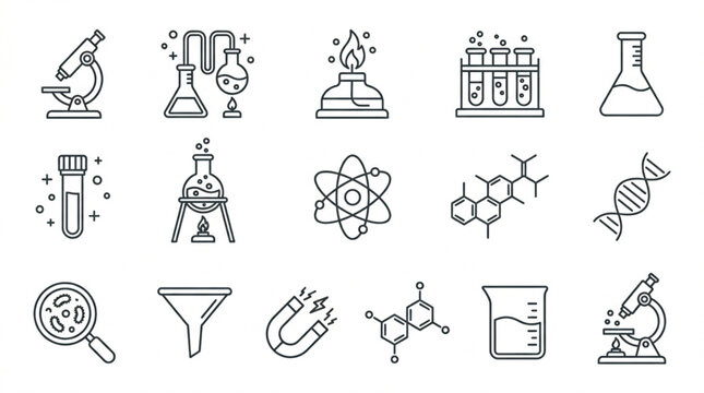 Chemistry laboratory equipment and research line icon set with microscope flask test tube vectors