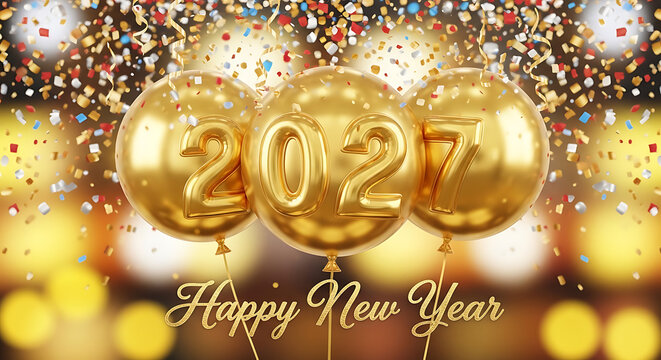 Happy new year 2027 golden balloons celebration with confetti and festive lighting