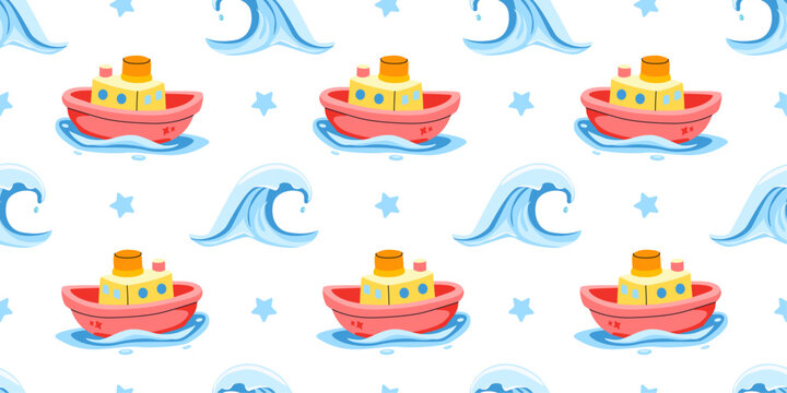 Toy boat and ocean waves seamless pattern on white background. Nautical vector illustration for kids textile, wrapping paper, nursery decor and fabric design