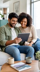 Fototapeta premium Diverse couple planning weekend on sofa