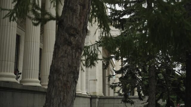 Buildings with columns, the Pushkin Museum in the center of Moscow. Filmed in motion