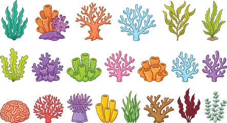 Underwater Coral Reef and Ocean Plants Vector Element Set with Colorful Sea Anemone Seaweed and Sponge Icons for Marine Life Aquarium Designs © MdSaddam