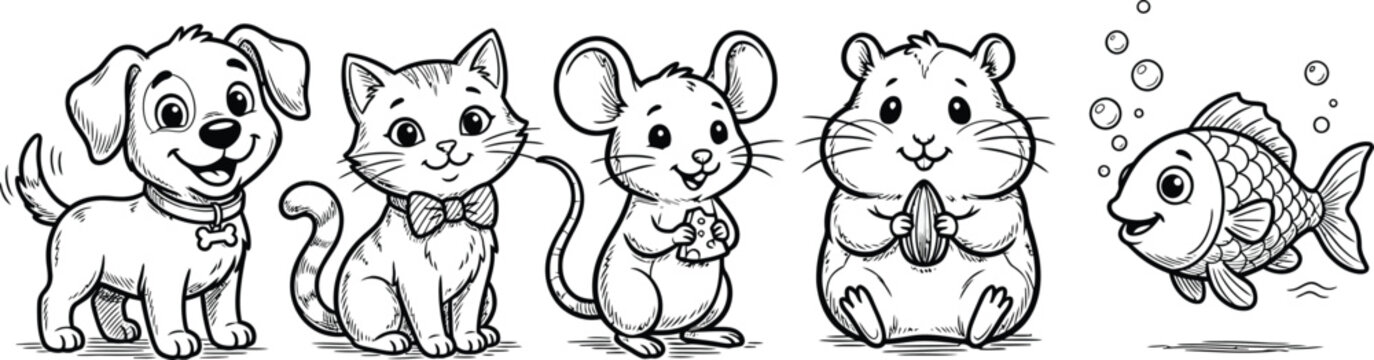 Cute cartoon pets line art collection with dog cat mouse hamster and goldfish on transparent checkered background.