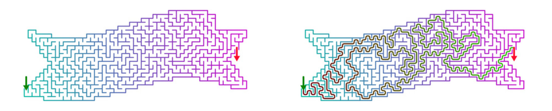A colorful maze design in the form of a holiday ribbon with paths and solutions