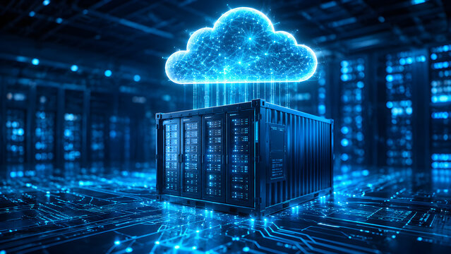 Digital shipping container with neon cloud icon sits on futuristic circuit board. Represents cloud storage data management and tech solutions. Safe data transfer and digital warehouse concept.