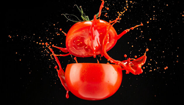 A dynamic shot captures a tomato exploding with vivid red juice against a stark black background. The fruit is bisected, creating a dramatic splash of liquid, showcasing its freshness and texture