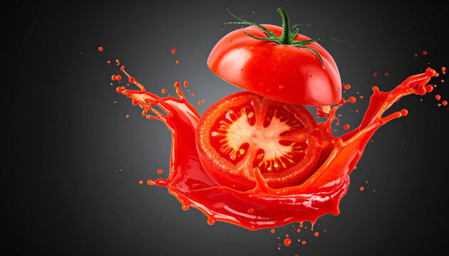 A vibrant tomato splashing into its own juice, creating a dynamic explosion of red liquid. The tomato is cut in half, revealing its juicy interior