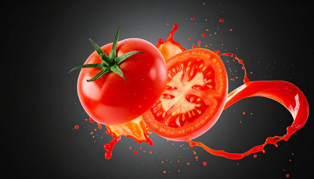 Juicy red tomato, one whole and one halved, splashing in vibrant red liquid against a dark backdrop. A close-up shot showcasing the fresh texture and vivid color of the fruit.