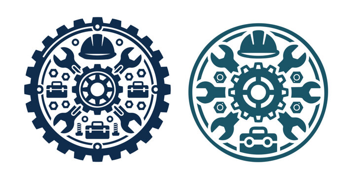Industrial gear and tools vector logo emblem mechanical engineering and repair service.