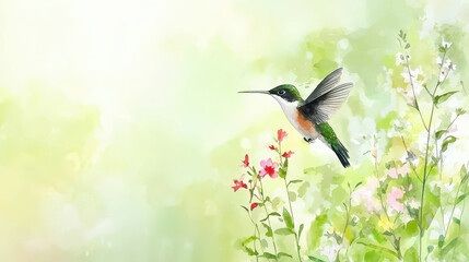 Obraz premium Vibrant hummingbird hovers gracefully among colorful flowers, showcasing its delicate wings and vivid plumage in serene, soft focus background