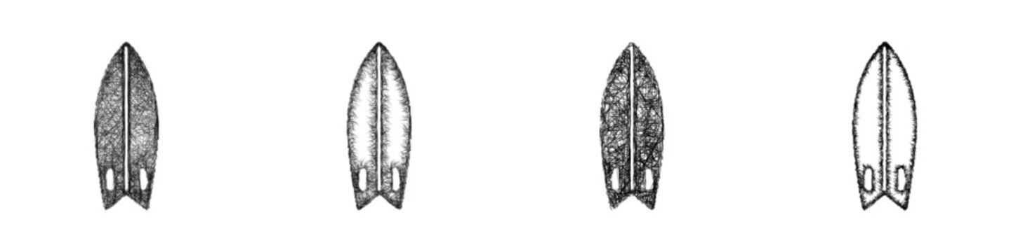 Black and white sketch fish surfboard icon design set