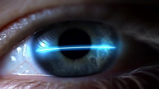 Eye scanning sequence with blue laser animation and "cleared" confirmation