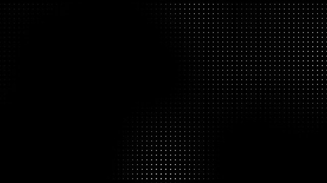 Halftone pattern with white dots on black background. abstract animated halftone grid texture with vintage white light points visual effect, vintage monochrome motion graphic, seamless loop design.