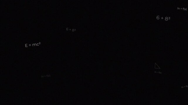 White mathematical equations and physics formulas moving across dark background, academic science concept 4k video