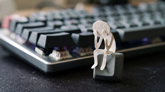 A small white paper figure sits on a mechanical keyboard, head in hands. It evokes a strong sense of digital burnout, exhaustion, and the silent stress of modern tech work.