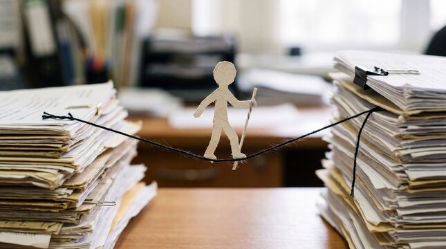 A paper figure uses a tiny pole to walk a thin black string stretched between towering stacks of files. It visualizes the precarious balancing act of a stressful workload.