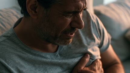 Obraz premium Man Sitting on Sofa With Chest Pain in Dramatic Lighting, Warning of Heart Attack