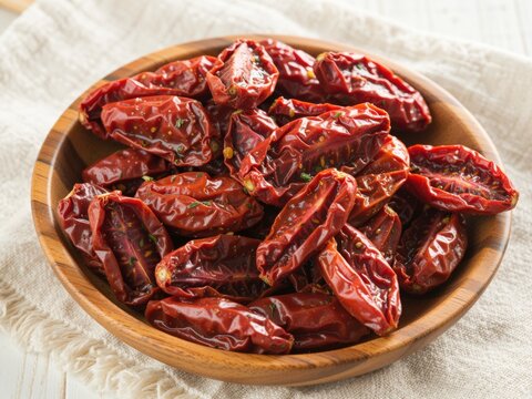 Sun dried tomatoes in wooden bowl ready for eating