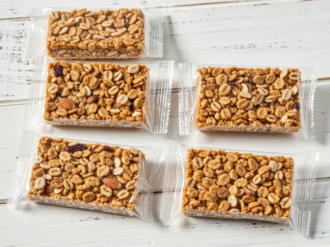 Healthy granola snack bars in individual clear packaging