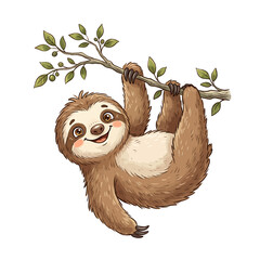 Fototapeta premium Cute cartoon sloth hanging from a tree branch