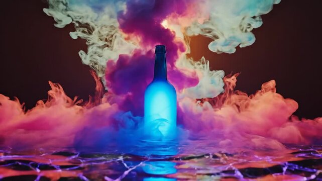 Glowing blue bottle surrounded by colorful smoke and fire on hexagonal surface for beverage and product promotion