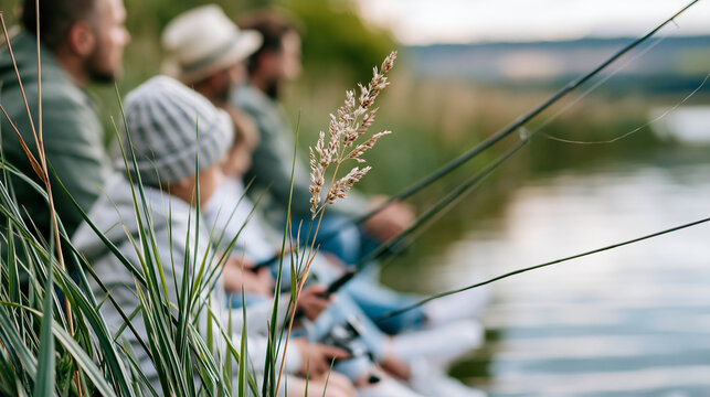 Anonymous group of men fishing and talking together in nature during a summer holiday, outdoor friendship and fishing hobby concept, faceless, defocused lakeside background, with