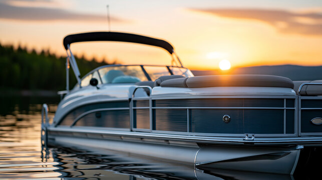 Luxurious pontoon boat resting on calm lake water at sunset, leisure craft and summer holiday concept, defocused warm sky reflection, with copy space