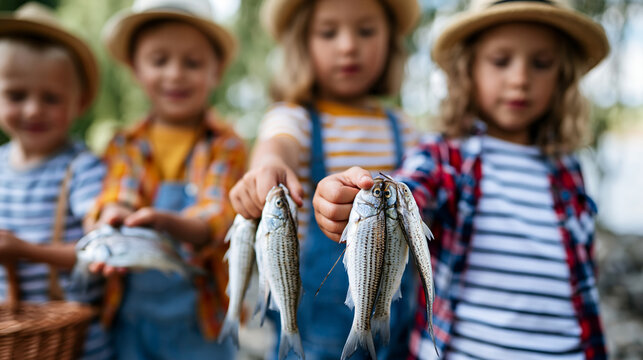 Anonymous group of children proudly displaying their fishing catch, outdoor youth activity and summer adventure concept, faceless, defocused nature background, with copy space