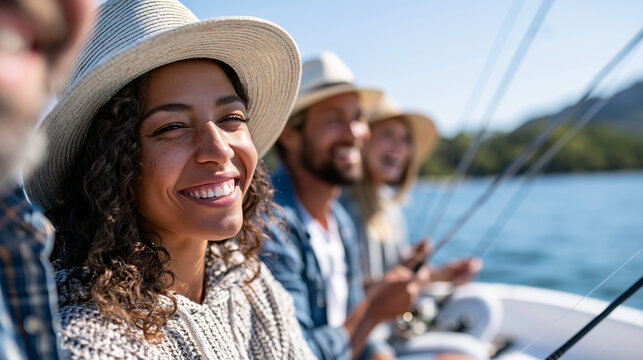 Anonymous friends enjoying a sunny fishing day on a lake with smiles and laughter, summer bonding and outdoor nature activity concept, faceless, defocused, with copy space