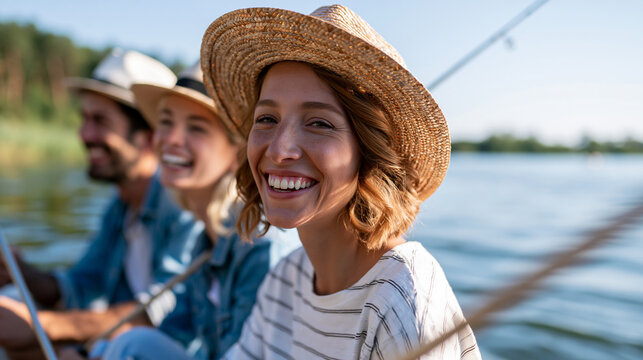 Anonymous friends enjoying a sunny fishing day on a lake with smiles and laughter, summer bonding and outdoor nature activity concept, faceless, defocused, with copy space