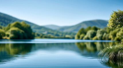 Obraz premium Serene lake surrounded by green trees and rolling hills under a clear afternoon sky, nature landscape and outdoor recreation backdrop concept, defocused, with copy space