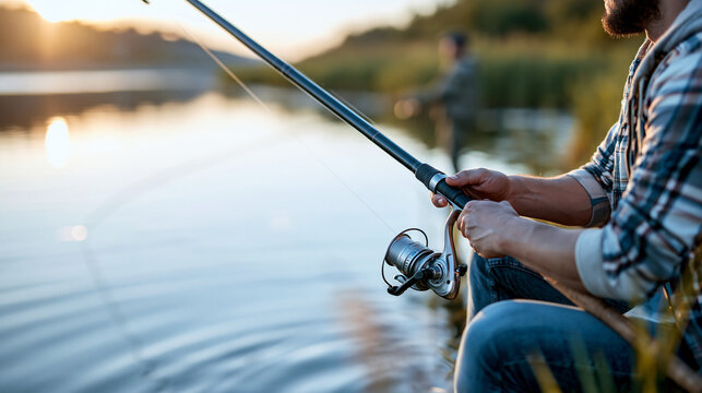 Anonymous men fishing on a calm lake in the late afternoon, outdoor leisure and nature hobby concept, faceless, defocused water background, with copy space